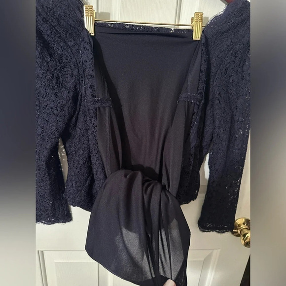 ADRIANNA PAPELL EVENING Anthropologie Navy Lace Overlay Back Zip 8 Square Neck - Picture 11 of 16